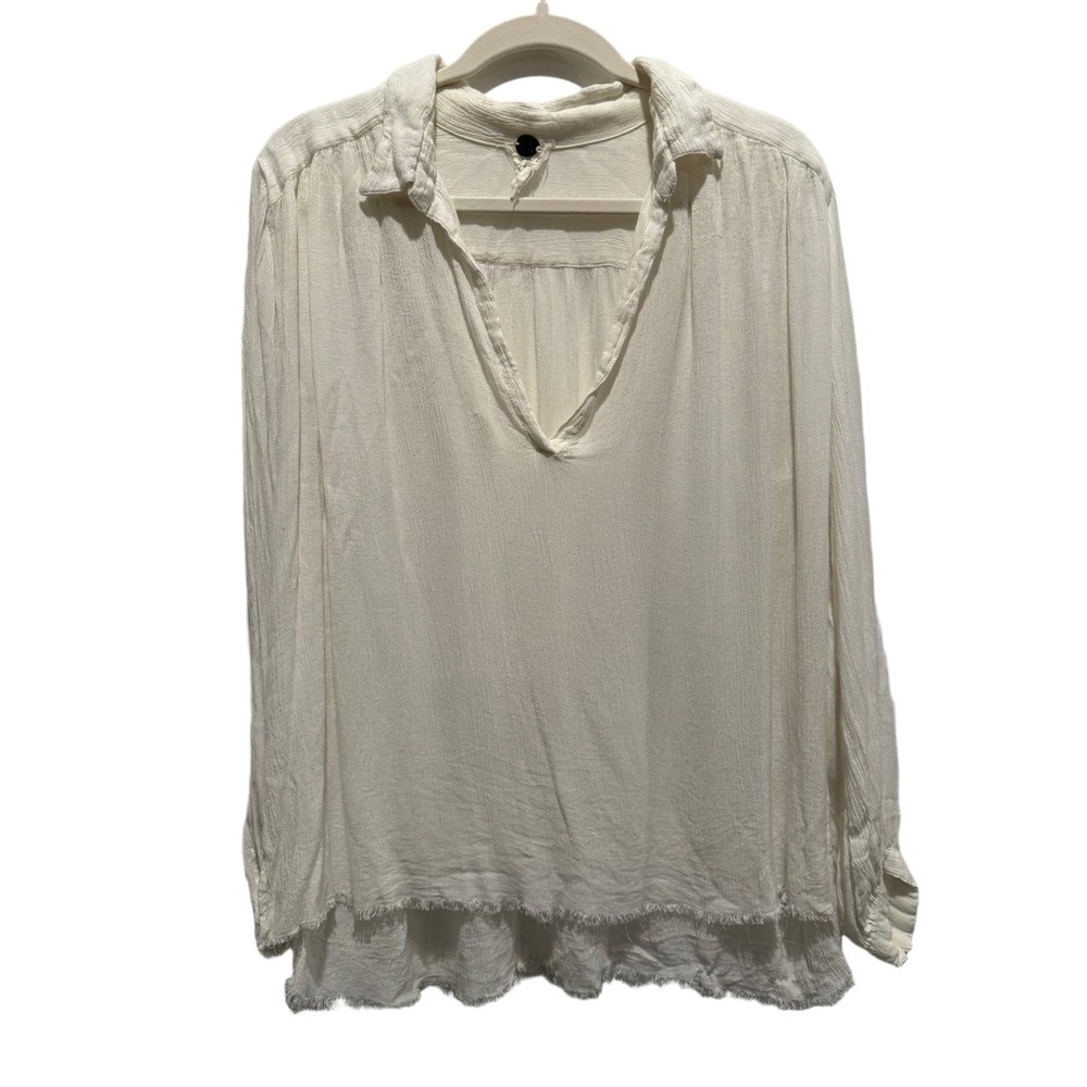 Free People FP ONE  Size XS S White V-Neck Long Sleeve Crinkle Raw Hem Boho Top